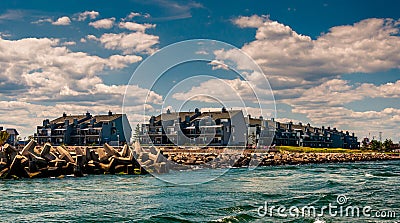 Waterfront condos and a jetty in Point Pleasant Beach, New Jersey. Stock Photo