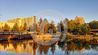 Waterfront downtown Spokane Washington at sunset Editorial Stock Photo