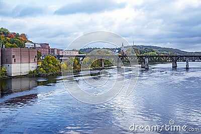 Waterfront of historic Downtown along the Kennebec River, Augusta, Maine Stock Photo