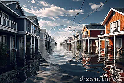 Waterfront homes in a row on the water during a flood. 3d rendering. flooding houses, AI Generated Stock Photo