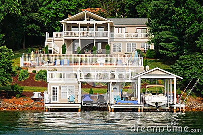 Waterfront House Pool, Boats, Jet Skis Stock Photo