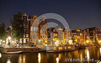 Waterfront Houses In Amsterdam At Night Stock Photo