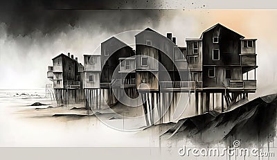 Waterfront houses on stilts - can they endure extreme weather? Cartoon Illustration