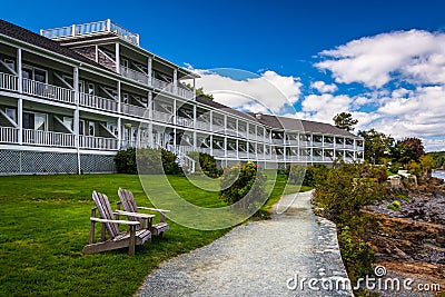 Waterfront path and hotel in Bar Harbor, Maine. Stock Photo