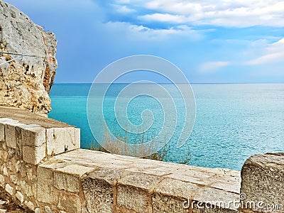 Waterfront and peaceful blue sea of Peniscola, Spain Stock Photo