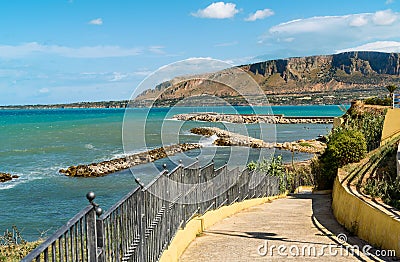 Waterfront promenade of seaside resort Trappeto at a sunny day, province of Palermo, Sicily Stock Photo