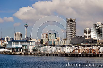 Waterfront and Skyline, Seattle, Washington Stock Photo