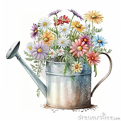 Watering Can with Beautiful Daisy Flowers Watercolor, Isolated on White Background - Generative AI Cartoon Illustration