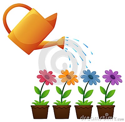 Watering can and flowers in garden Vector Illustration