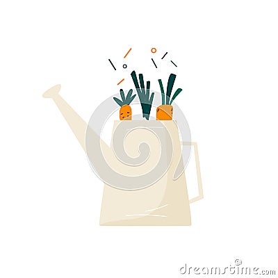 Watering can with fresh vegetables. Organic veggies. Buy local food concept Vector Illustration