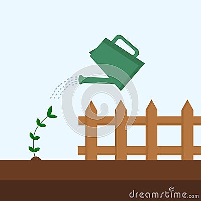 From a watering can, a green sprout is watered, visible from the ground, for use in gardening-themed web design Vector Illustration