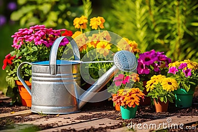 watering can near freshly planted flowers Stock Photo