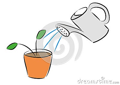 Watering-can watering plant on a table hand drawn illustration Cartoon Illustration