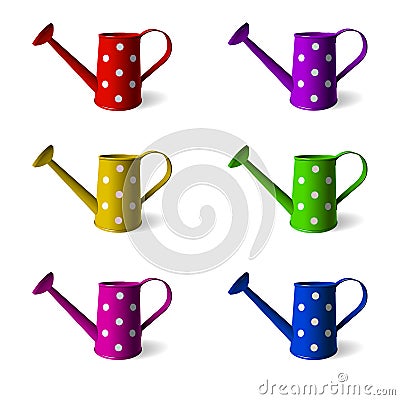 Watering can. Set of children s watering cans in different colors. objects. White background. Vector Cartoon Illustration