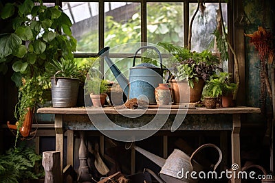 watering can sitting on a potting bench Stock Photo