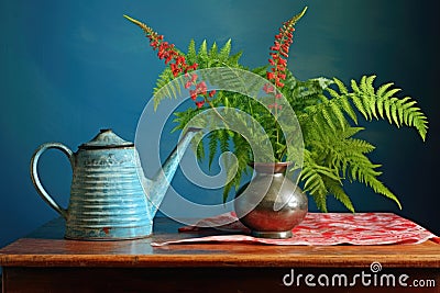 watering can a vibrant fern on a table Stock Photo