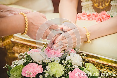 Watering the conch shell in a Thai wedding ceremony Stock Photo