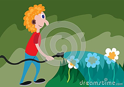 Watering Flowers in the backyard garden lawn Vector Illustration