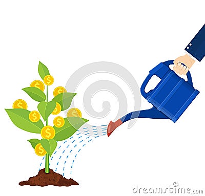 Watering money coin tree with can. illustration. Vector Illustration