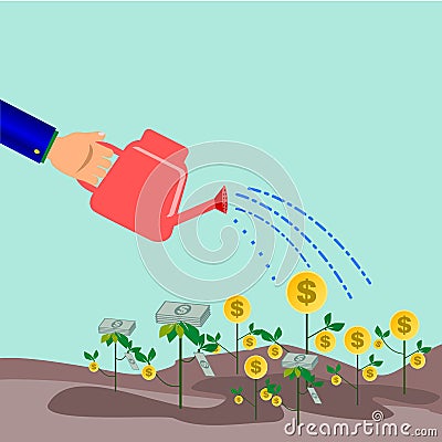 watering to grow up a gold coin and money tree Stock Photo