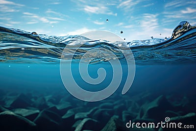 Waterline dividing the sky and the ocean water. Blue ocean. Reefs. Underwater beauty. Blue sky. Crystal clear. Stock Photo