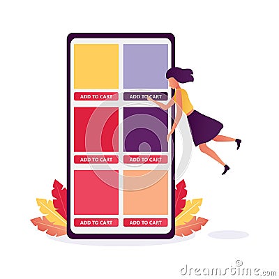 Online shopping banners. online shopping e-commerce concept: woman click button `add to cart` on smartphone. Flat design illustrat Cartoon Illustration