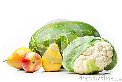 Watermelon, apple, pears and cauliflower. Stock Photo