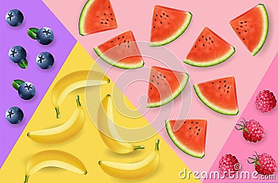 Watermelon, bananas and berry abstract pattern Vector realistic. 3d detailed fruits textures Vector Illustration