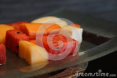 Watermelon and cantalope on the plate. thai fruit. Stock Photo