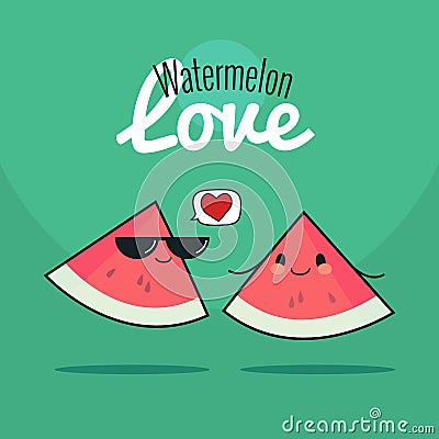 Watermelon cartoon characters, Cute fruit couple, Vintage poster flat design with Vector illustration Cartoon Illustration