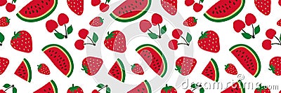 Watermelon, cherry and strawberry seamless pattern. Red berry. Sweet fruits. Fashion design. Food print for dress, textile, Vector Illustration