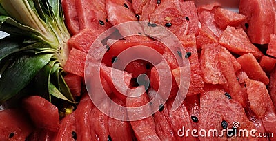 Watermelon chopped in a buffet tray Stock Photo