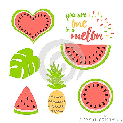 Watermelon clip art collection Watermelon slice graphic set Tropical fruit Pineapple Round cartoon stiker kit vector Cartoon Illustration