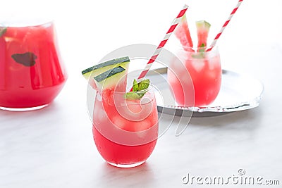 Watermelon cocktail with lemon and mint. Refreshing lemonade close up Stock Photo