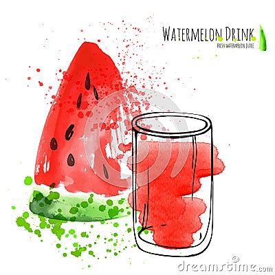 Watermelon drink with slice of watermelon. Fresh juice in glass with watermelon peace. Watercolor hand draw art work. Vector Illustration