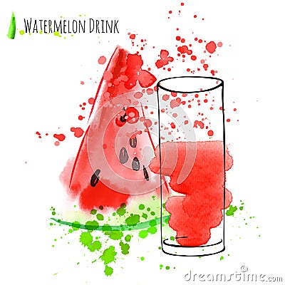 Watermelon drink with slice of watermelon. Fresh juice in glass with watermelon peace. Watercolor hand draw art work. Vector Illustration