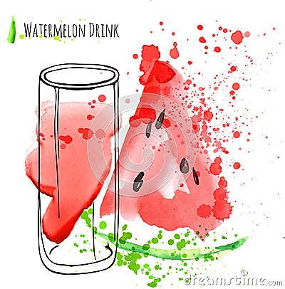 Watermelon drink with slice of watermelon. Fresh juice in glass with watermelon peace. Watercolor hand draw art work. Vector Illustration