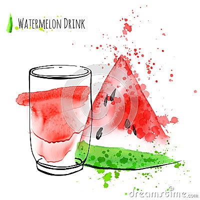 Watermelon drink with slice of watermelon. Fresh juice in glass with watermelon peace. Watercolor hand draw art work. Vector Illustration