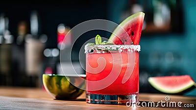 A watermelon drink with a slice of watermelon on the rim. AI generative image. Stock Photo