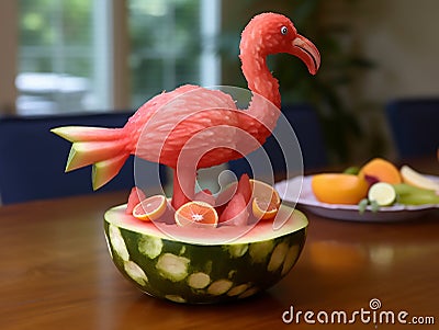Watermelon flamingo: carve the watermelon to resemble a flamingo's body, use a banana for the neck and head.Generative AI Stock Photo