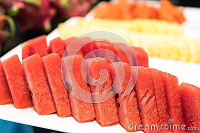 Watermelon in Fruit Buffet in Hotel Lobby Stock Photo