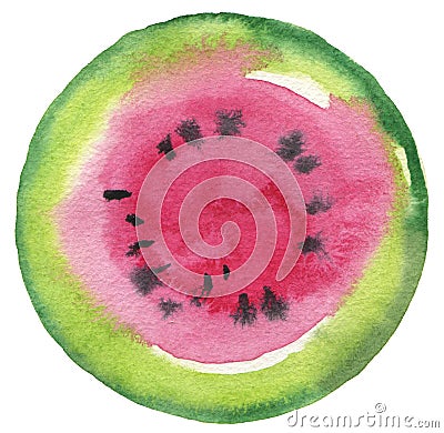 Watermelon fruit. Circle watercolor painted button background. Stock Photo