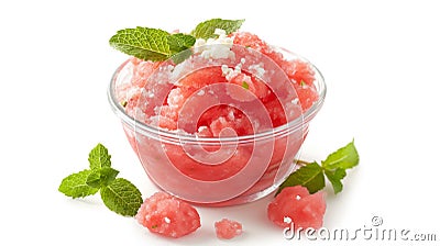 Watermelon granita in a glass bowl garnished with mint leaves, on a white background Cartoon Illustration