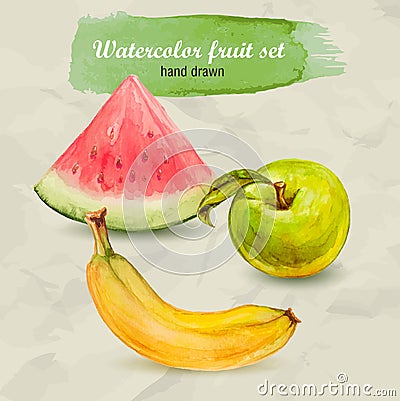 Watermelon, green apple and banana. Vector watercolor hand drawn fruit set. Vector Illustration