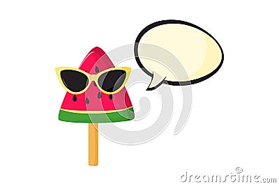 Watermelon ice cream in sunglasses, funny ice cream stick, cute girl character. Cold food, kids dessert vector icon. Summer Vector Illustration