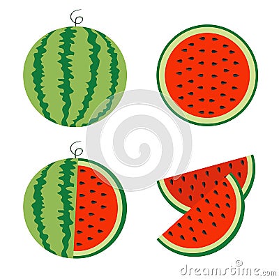 Watermelon icon set. Whole ripe green stem. Slice cut half seeds. Green Red round fruit berry flesh peel. Natural healthy food. Sw Vector Illustration