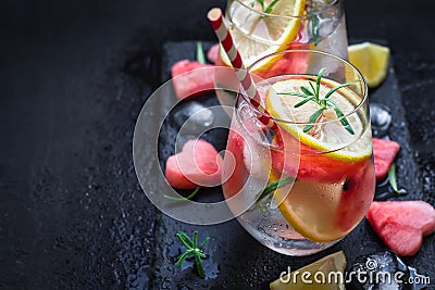 Watermelon lemon cocktail with pieces of watermelon in shape of heart. Valentine`s Day Concept Stock Photo