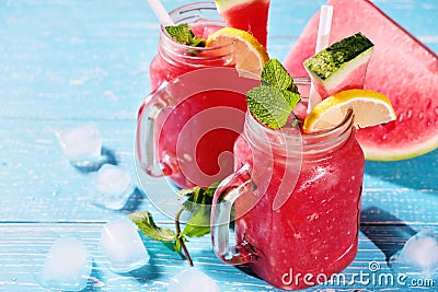 Watermelon Mojito with mint, rum, ice and lemons with copyspace Stock Photo