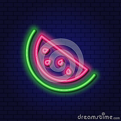 Watermelon Neon Design Element. Slice of Watermelon. Glowing vector icon. Vector Illustration