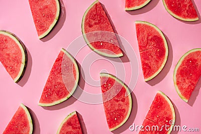 Watermelon pattern. Sliced watermelon on white background. Flat lay, top view. Stock Photo